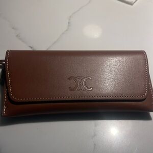 New 2024 Celine Sunglasses eyeglass Case Wristlet Brown Leather Logo.